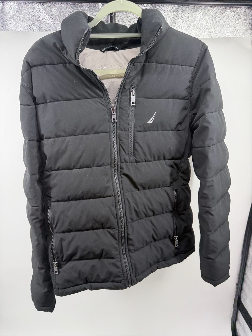 Nautica Men's Black Quilted Puffer Jacket with Stand Collar
